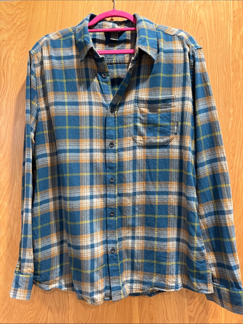 Eddie Bauer Blue, Tan and White Plaid Casual Button-Down Shirt